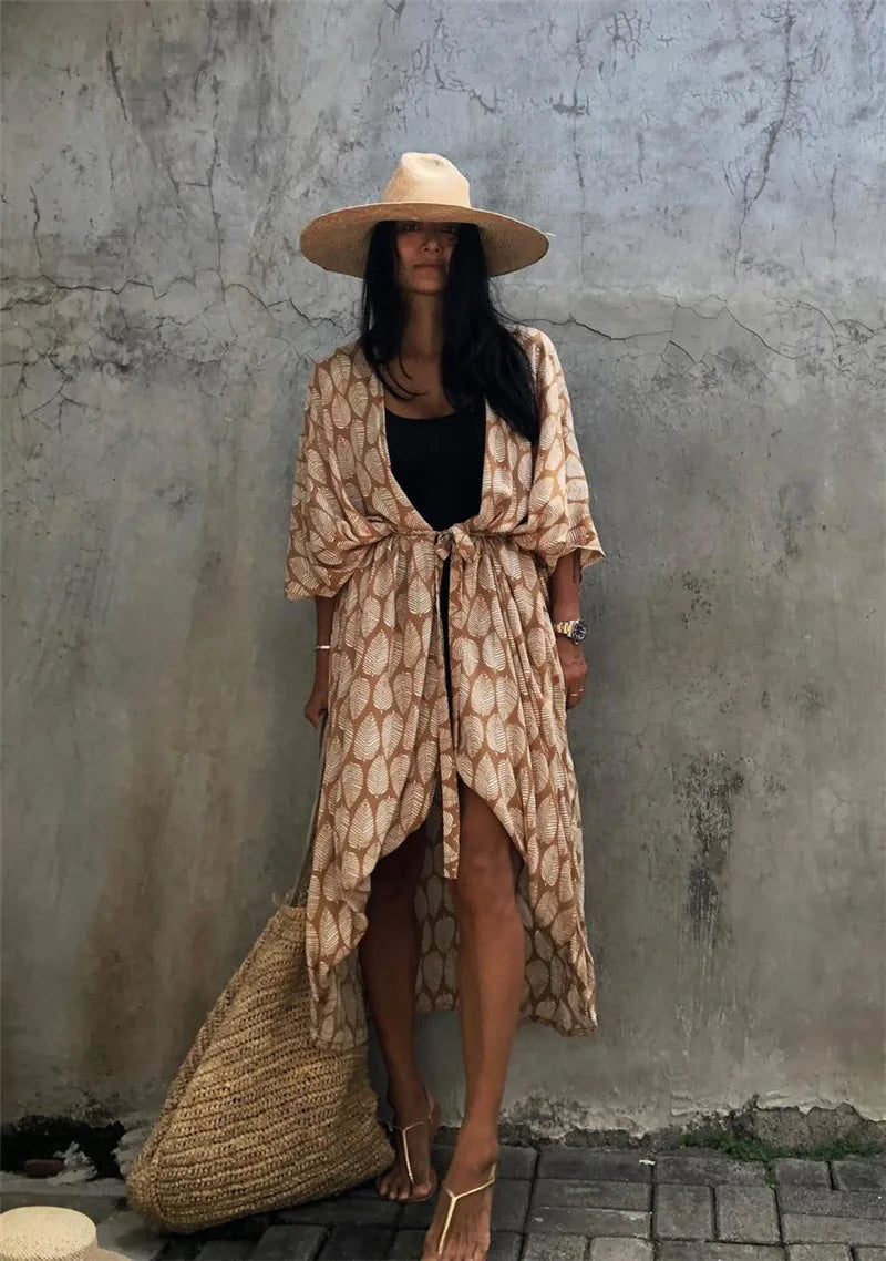 Women Plus Size Long Cover up Bikini Coverups Kimono Tie Front Bathing Suit Swimsuit Beachwear