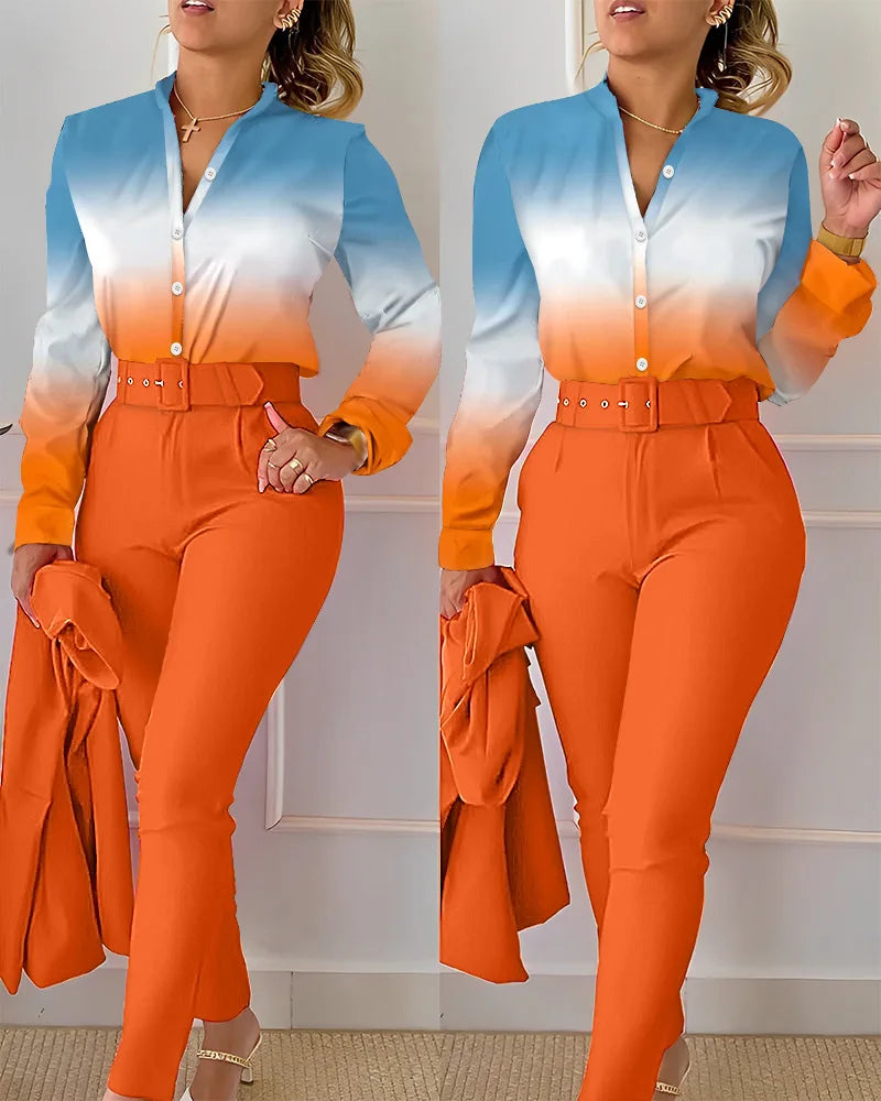 Elegant Print Shirt Pants Two Piece Set Long Sleeve High Waist | OWNLUXE