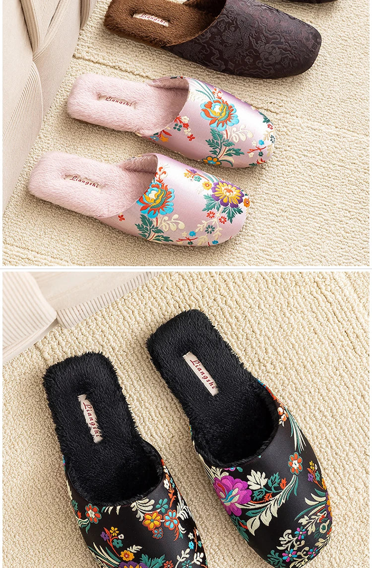 Plush Embroidered House Slippers with Rubber Sole
