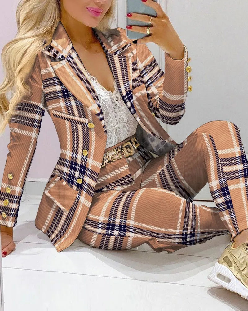 Spring Autumn Fashion Blazers Pant Sets Long Sleeve Print Coat Two Piece | OWNLUXE