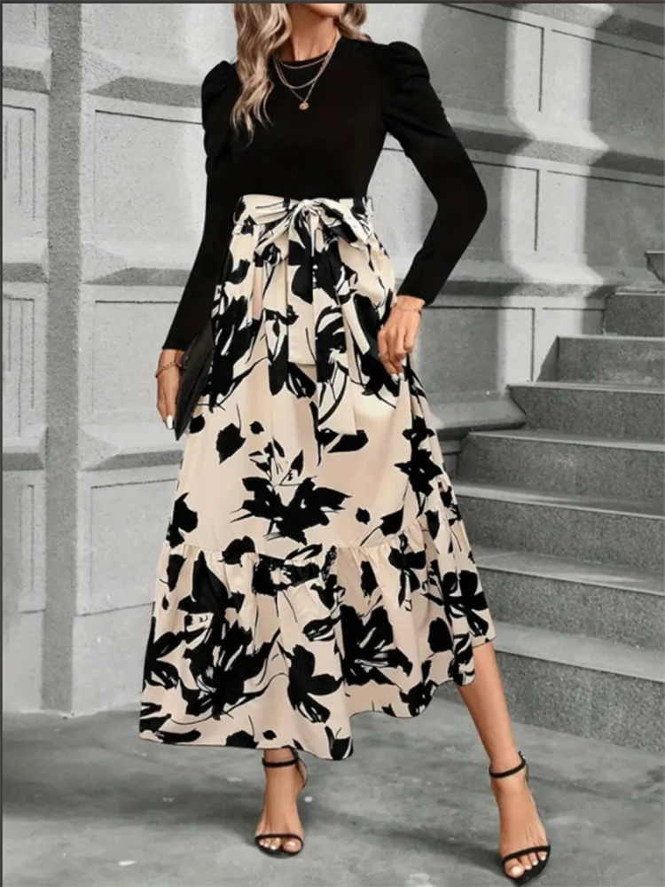 Loose-Fit Patchwork Print Dress with O-Neck – Ankle-Length, Casual Autumn/Winter