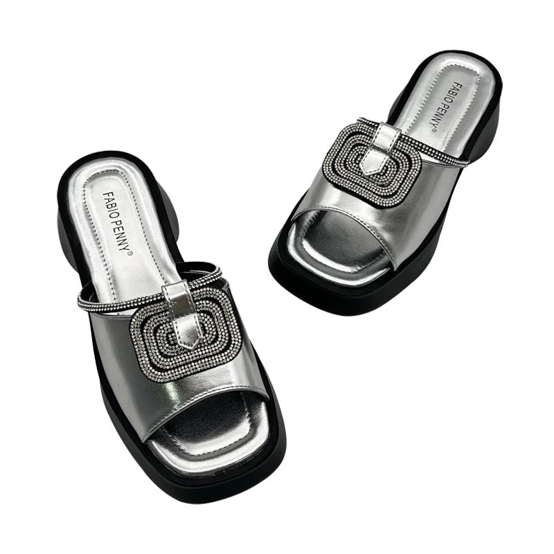Women’s Mid Heel Slide Sandals – Cushioned Mixed-Color