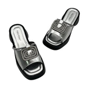 Women’s Mid Heel Slide Sandals – Cushioned Mixed-Color
