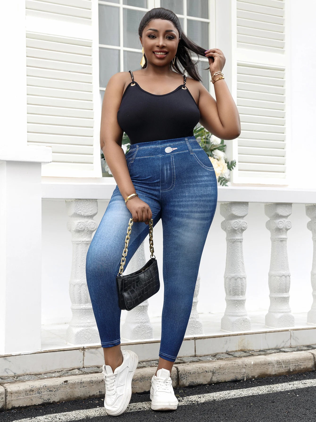 Plus Size Imitation Jeans Leggings - Vintage Wash Stretchy Pants