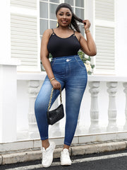 Plus Size Imitation Jeans Leggings - Vintage Wash Stretchy Pants