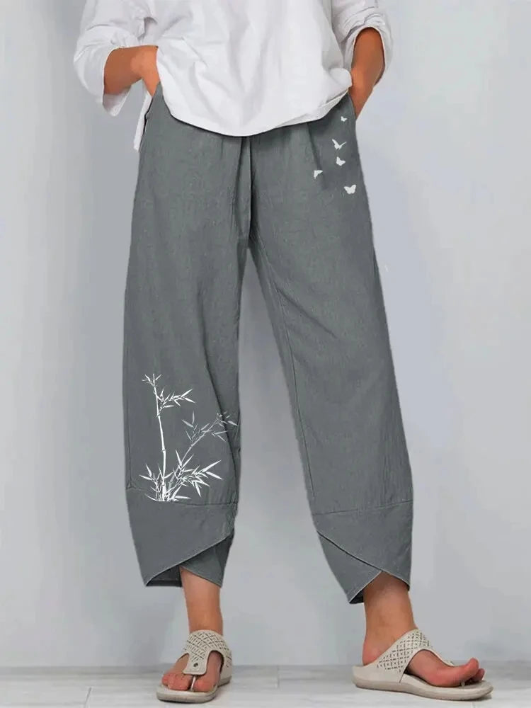 Women's Vintage Print Cargo Pants - High Waist Straight Leg Trousers