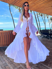 Women Swimsuit Cover Up Sleeve Kaftan Beach Tunic Dress Robe De Plage Solid White Cotton Pareo  High Collar Beachwear