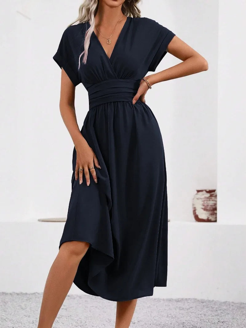 Batwing-Sleeve V-Neck Pleated Dress | OWNLUXE