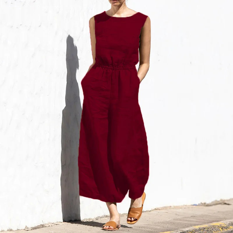 High Waist Cotton Linen Jumpsuit – Wide Leg Ankle-Length