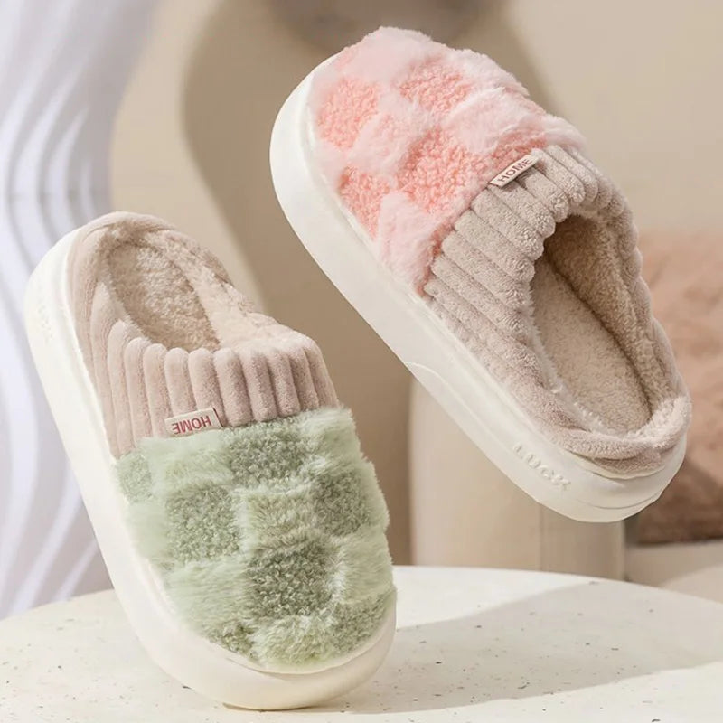 Couple Winter Plaid Slippers – Warm Fluffy Indoor Slides