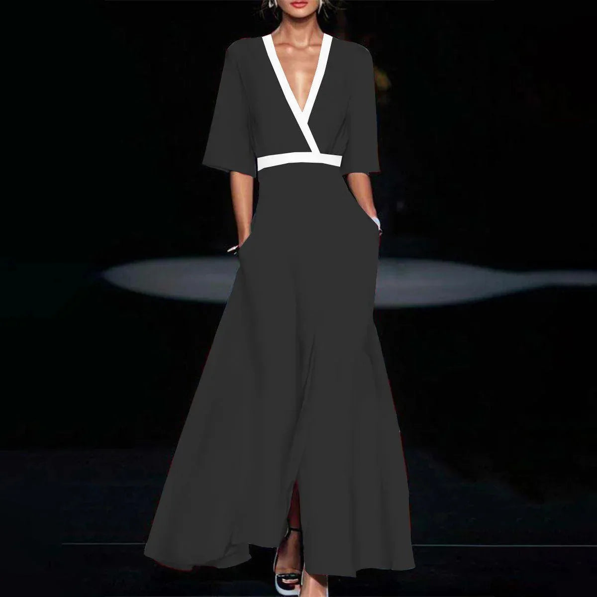 V-Neck Short Sleeve A-Line Maxi Dress – Casual Spring/Summer Wear