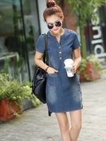 Load image into Gallery viewer, A-Line Mini Dress with V-Neck &amp; Empire Waist - Denim Dress with Pockets
