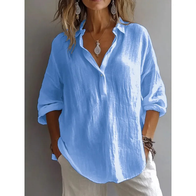 Turn-Down-Collar Relaxed Long-Sleeve Cotton Linen Blouse | OWNLUXE