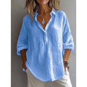 Turn-Down-Collar Long-Sleeve Cotton Linen Blouse | OWNLUXE
