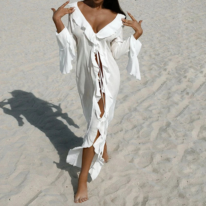 Maxi V-Neck Ruffle Flared Swim Cover-Up | OWNLUXE