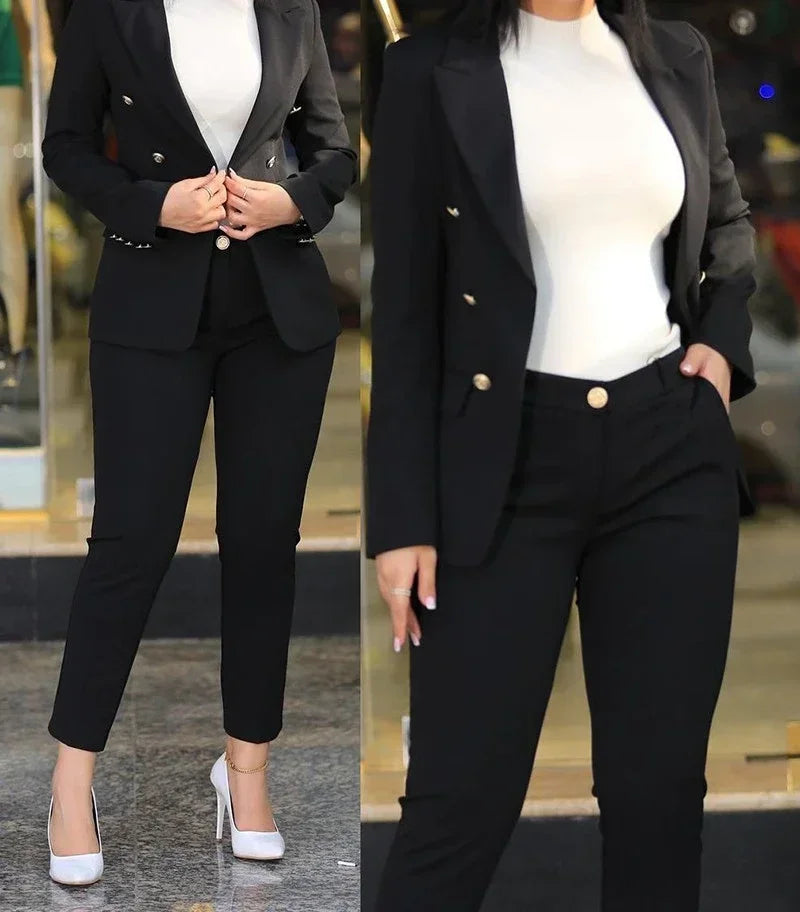Double-Breasted Formal Pantsuit - Two-Piece Suit Set for Women