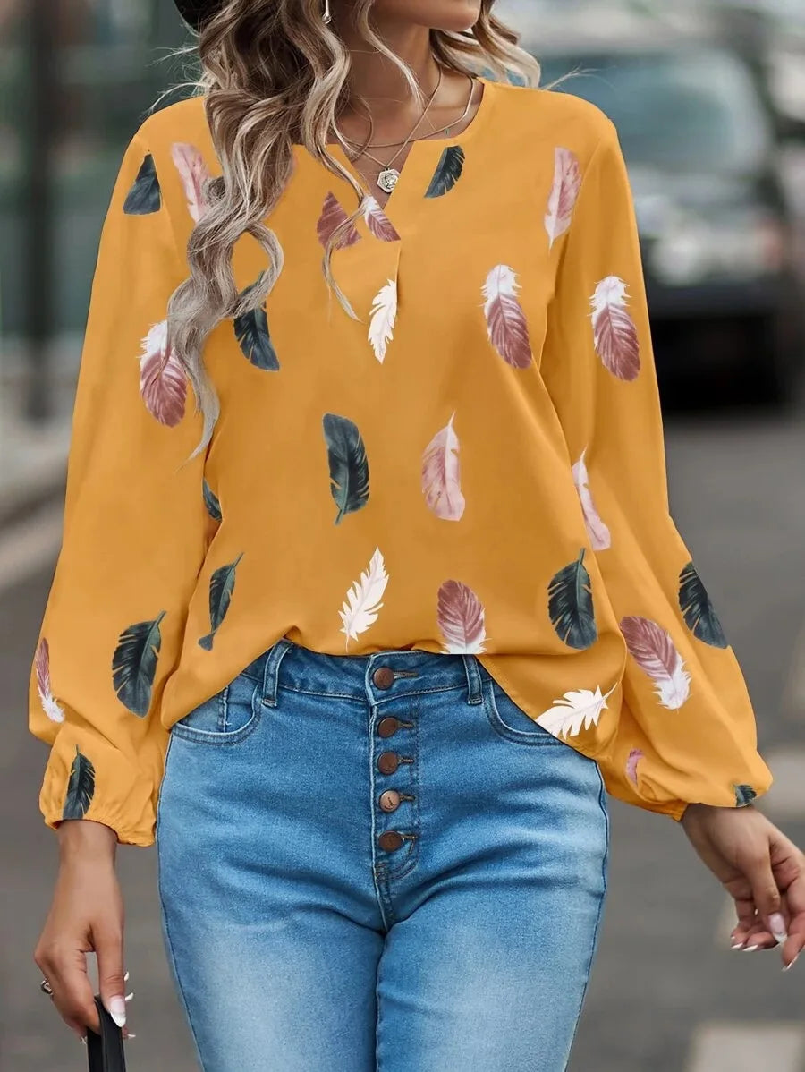Women's Printed V-Neck Blouse – Lightweight Loose-Fit Top