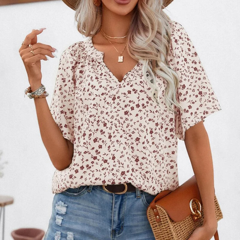 Plus Size Floral Summer Pullover with Stand Collar
