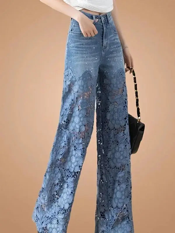 Women's Y2K High Waist Wide Leg Jeans - Lace Patchwork Denim Pants