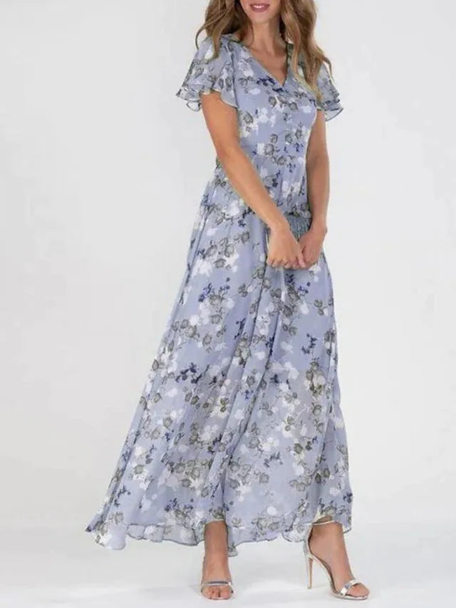 Beach Holiday Chiffon Midi Dress V-Neck Long Sleeve Casual Loose | OWNLUXE