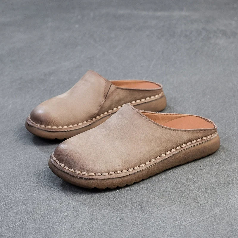 Genuine Leather Flat Slippers – Handmade Retro Women’s Mules