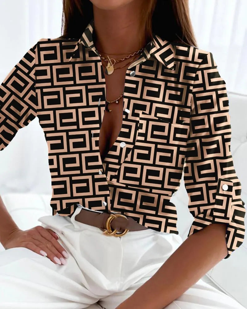 Office Ladies Printed Blouse - Long Sleeve Lapel Shirt