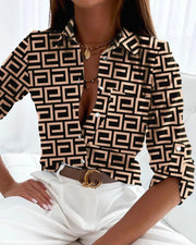 Office Ladies Printed Blouse - Long Sleeve Lapel Shirt
