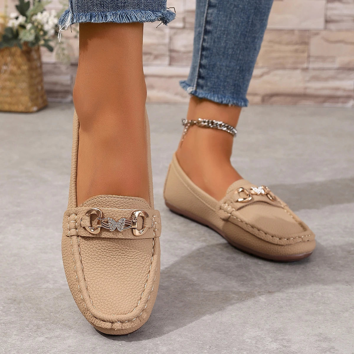 Women's Low Heel Loafers (Beige) – Shop at OWNLUXE