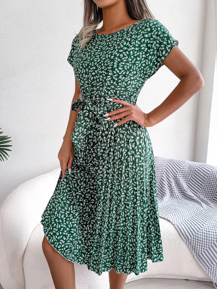 Floral Print Ruched A-Line Pantai Leher | OWNLUXE