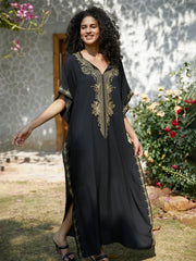 Embroidered V-Neck Short-Sleeve Swim Cover-Up | OWNLUXE