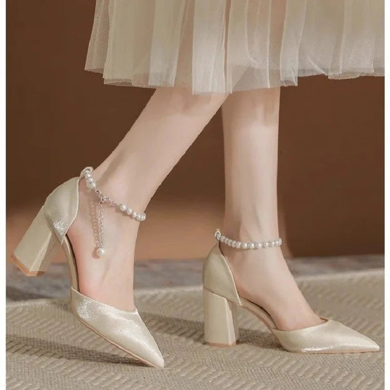 Ankle Strap Low Heel Adjustable Elegant Pearl Accessory | OWNLUXE