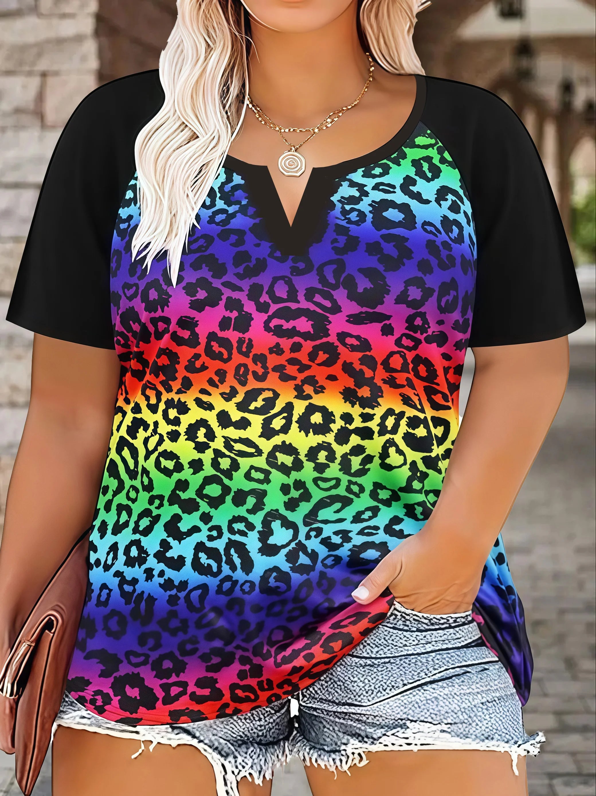 Plus Size Women's Casual Loose Fit Leopard Floral Print Short Sleeve T-Shirt | Oversized Summer Top