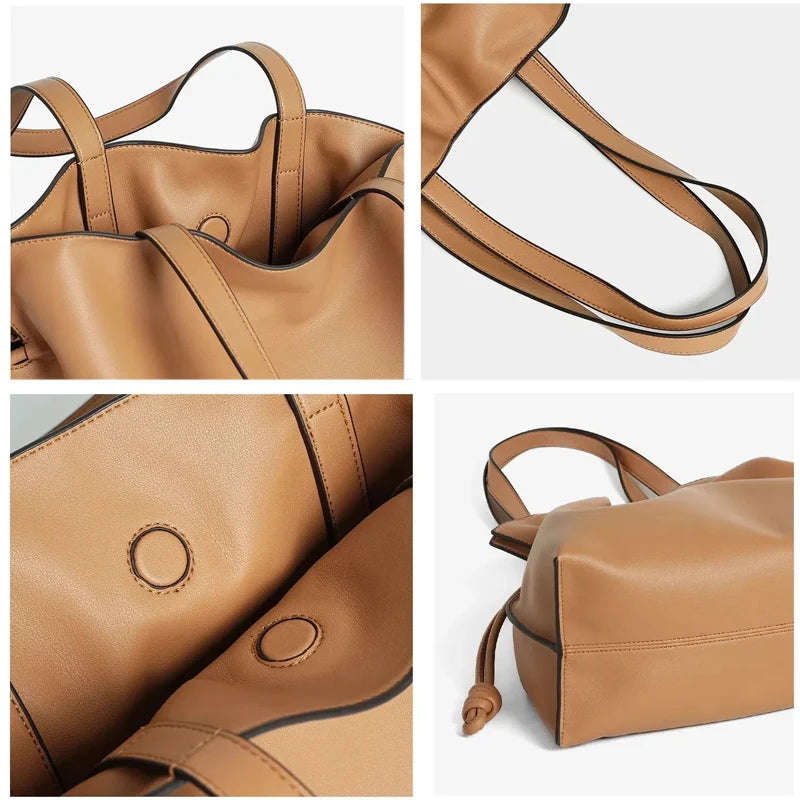 Cowhide Leather Pleated Bucket Bag | OWNLUXE