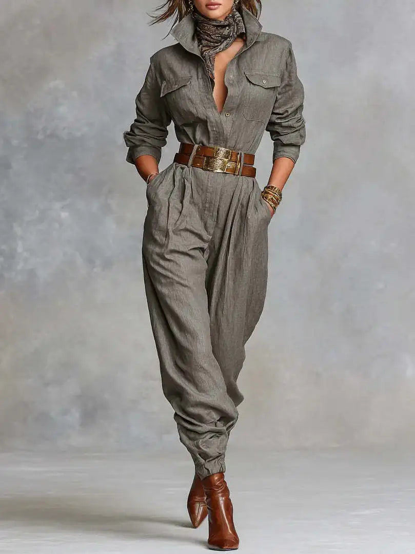 Long-Sleeve Button-Down Jumpsuit | OWNLUXE