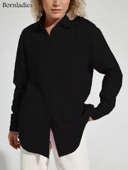Office Long-Sleeve Cotton Tops Crepe | OWNLUXE