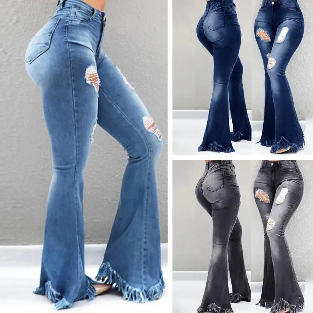🔥 High-Waisted Ripped Flare Jeans with Tassel Hem | Jean évasé taille haute déchiré avec ourlet à franges 🔥