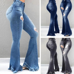 🔥 High-Waisted Ripped Flare Jeans with Tassel Hem | Jean évasé taille haute déchiré avec ourlet à franges 🔥