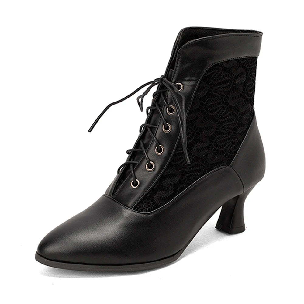 Women’s Retro Lace-Up Ankle Boots – Pointed Toe Hoof Heel