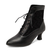 Women’s Retro Lace-Up Ankle Boots – Pointed Toe Hoof Heel