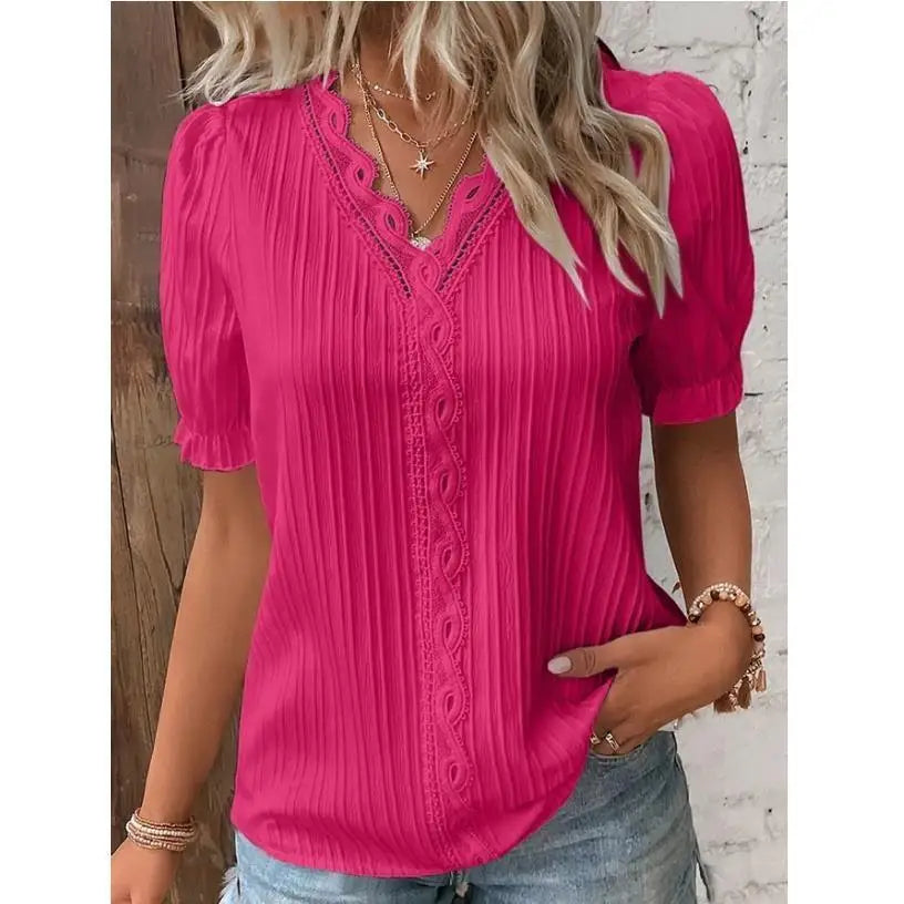 Women's Slim-Fit V-Neck Lace Blouse – Lightweight & Stylish for Summer