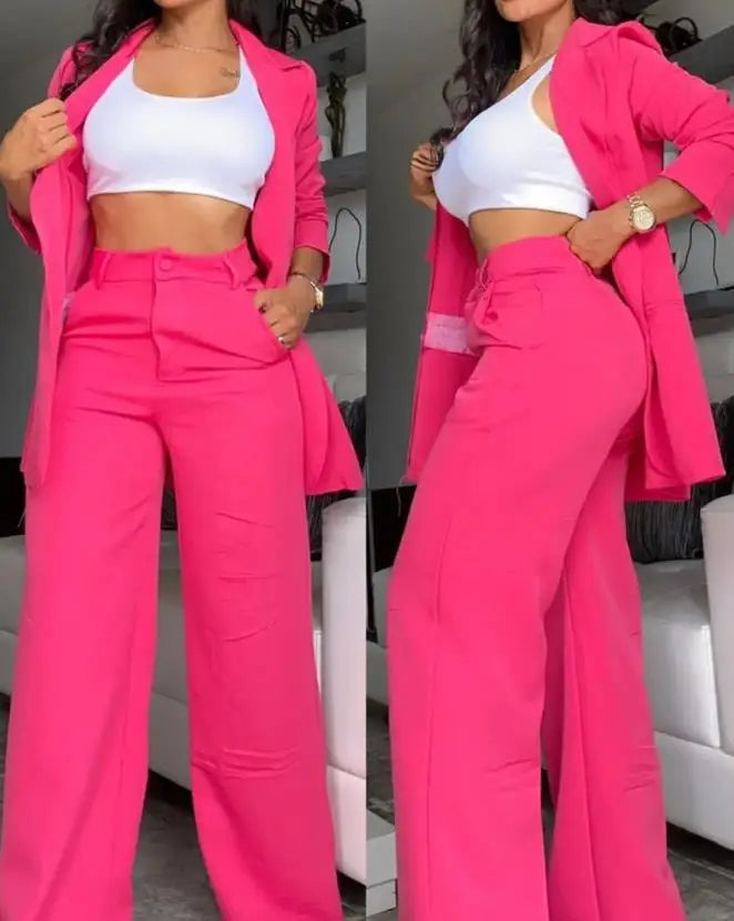 Blazer Pants Set - Notched Collar Coat & Wide-Leg Trousers for Women