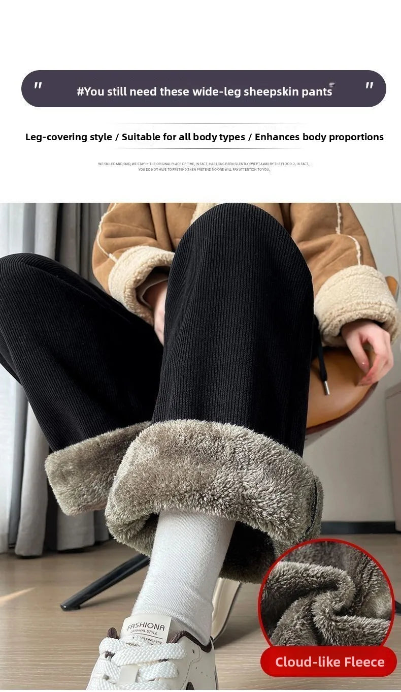 Women's Lamb Velvet Wide Leg Pants - Fleece Lined Winter Trousers