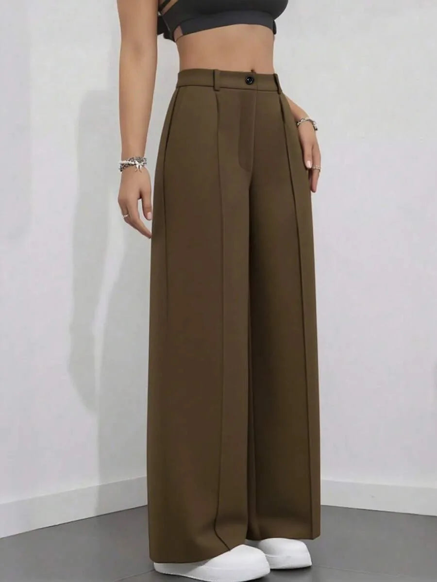 Women's High Waist Work Trousers - Casual Loose Fit Pants with Pockets