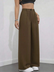 Women's High Waist Work Trousers - Casual Loose Fit Pants with Pockets