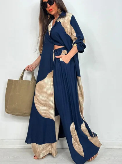 Women’s Printed Long Shirt & Pants Set – Loose Spring/Summer