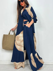 Women’s Printed Long Shirt & Pants Set – Loose Spring/Summer