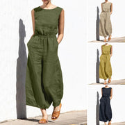 High Waist Cotton Linen Jumpsuit – Wide Leg Ankle-Length