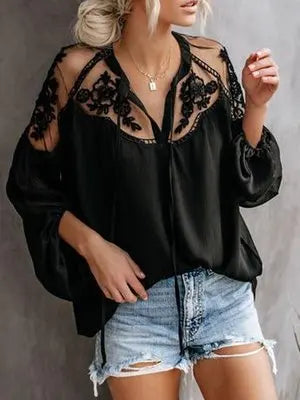 Women's Long Sleeve V-Neck Lace Top | OWNLUXE