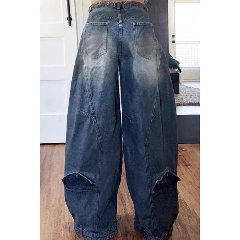 Y2K Harajuku Grunge Denim Jeans - Asymmetric Button Loose Fit