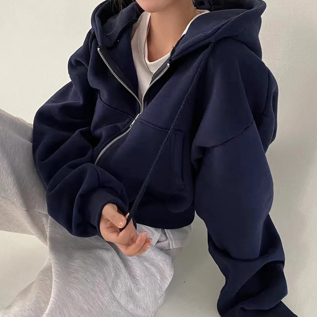 Hooded Zip-Up Long-Sleeve Cropped Jacket | OWNLUXE